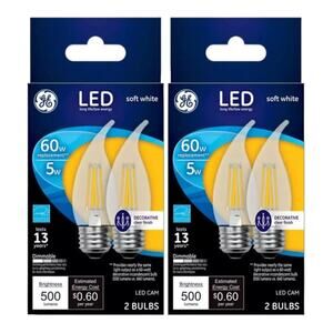 NEW GE Decorative LED Light Bulbs Soft White Clear 500 Lumens 60W 5W 2Pk 4 Bulbs
